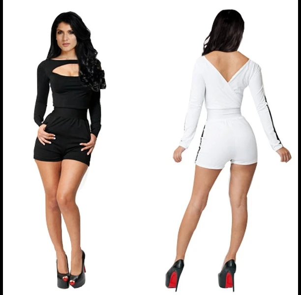 Sexy Women's Scoop Neck Hollow Out Long Sleeve Color Block Backless Jumpsuit |