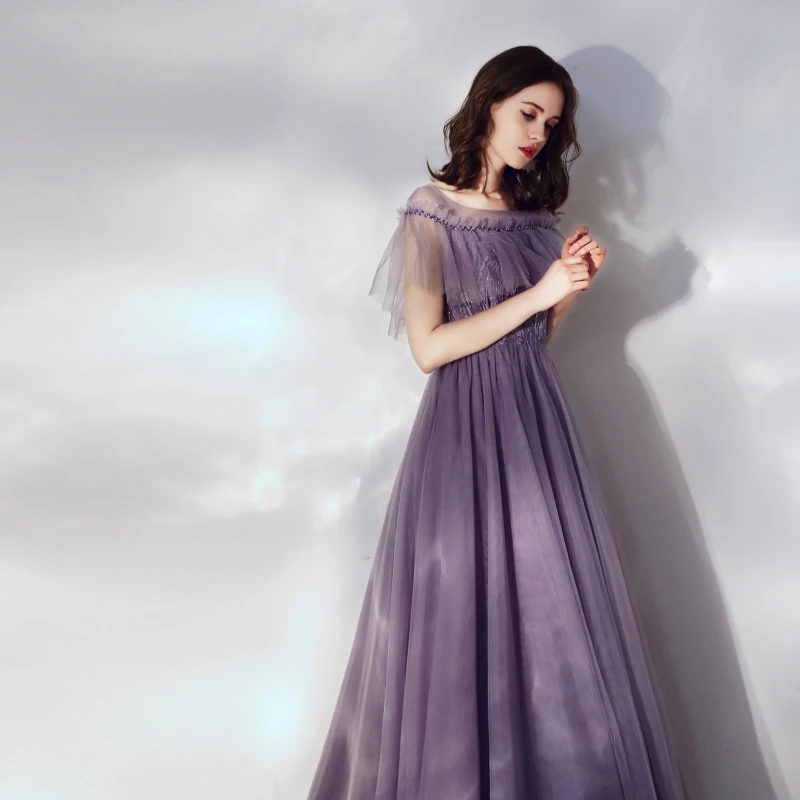 Женское вечернее платье до пола SSYFashion фиолетовое длинное с вырезом лодочкой