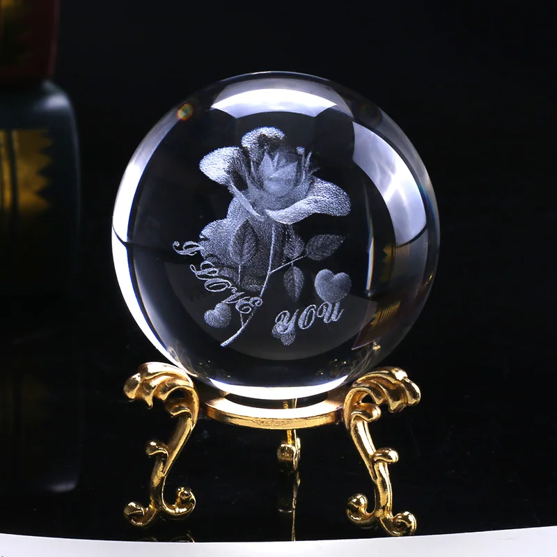 

6cm Crystal Rose Ball 3D Miniature Flower Glass Sphere Laser Engraved Globe Gift Wedding Gift Ornament Home Decro Valentines Day