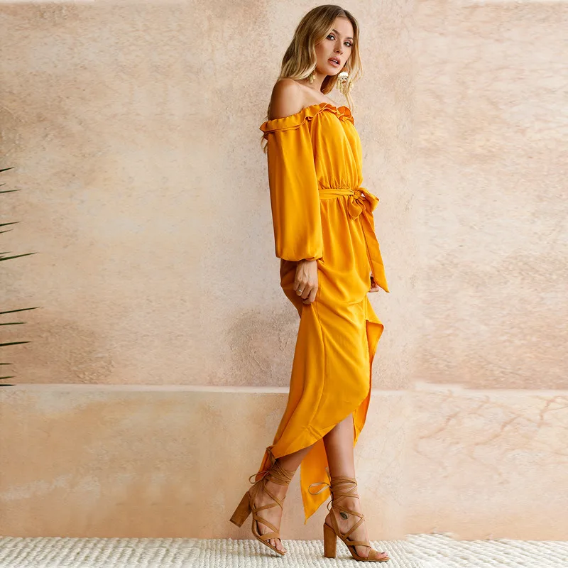 Women Yellow Summer Tunica Dress Front Split Maxi Vestido Longo Off Shoulder Vintage Elegant Long | Женская одежда