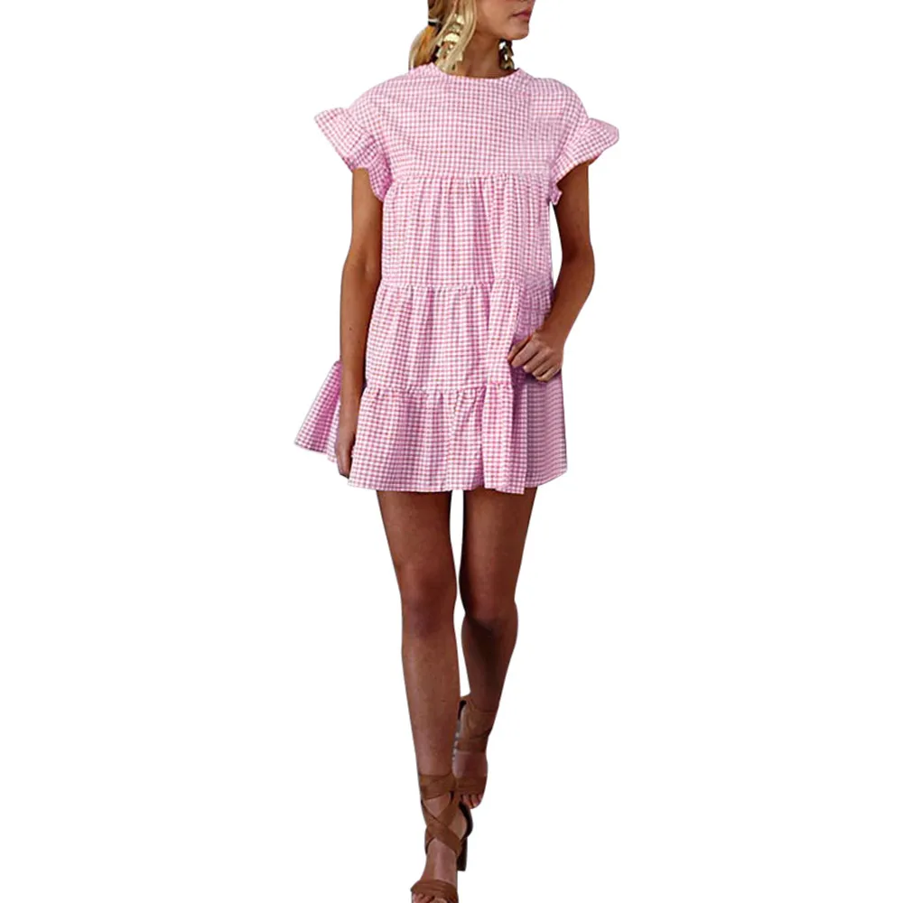 2019 Fashion Women Dress Generous Ladies Plaid Printing Round Neck Short Sleeve Elegant Summer Mini Party A# | Женская одежда