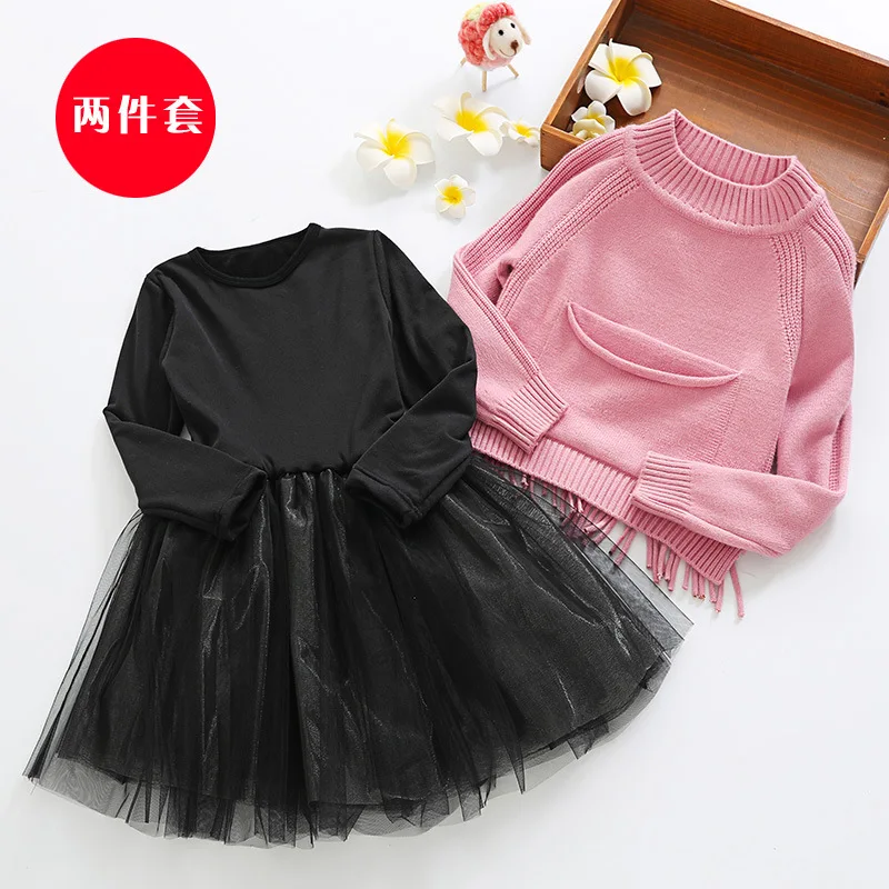 winter thick warm knit tulle 2 pcs set dresses age 3 - 12 yrs baby girls long-sleeve dress+sweater party frocks for little | Детская