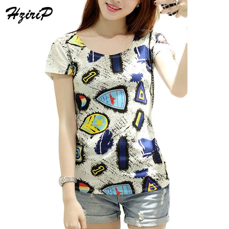 Hzirip Летние Красочные камуфляж печати футболка женщин тонкий элегантный
