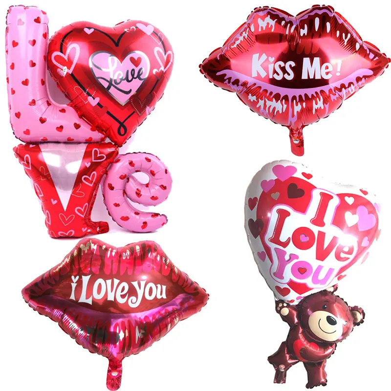 Хит 1 шт. надпись Love Teddy Bear любовь красные губы поцелуй фольгированный шар
