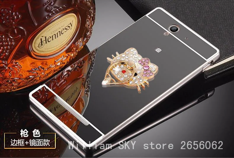 Для Sony Xperia C3 S55T S55U D2533 Случае Зеркало Алюминиевая Рама + Акриловые с Алмазной Кошка