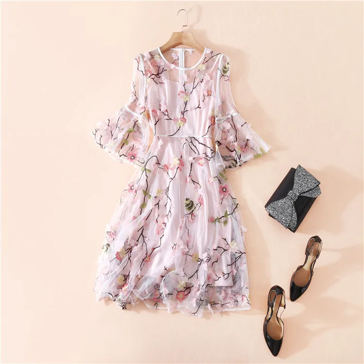 Высокое качество женское платье весна 2018 элегантное винтажное Цветочная вышивка