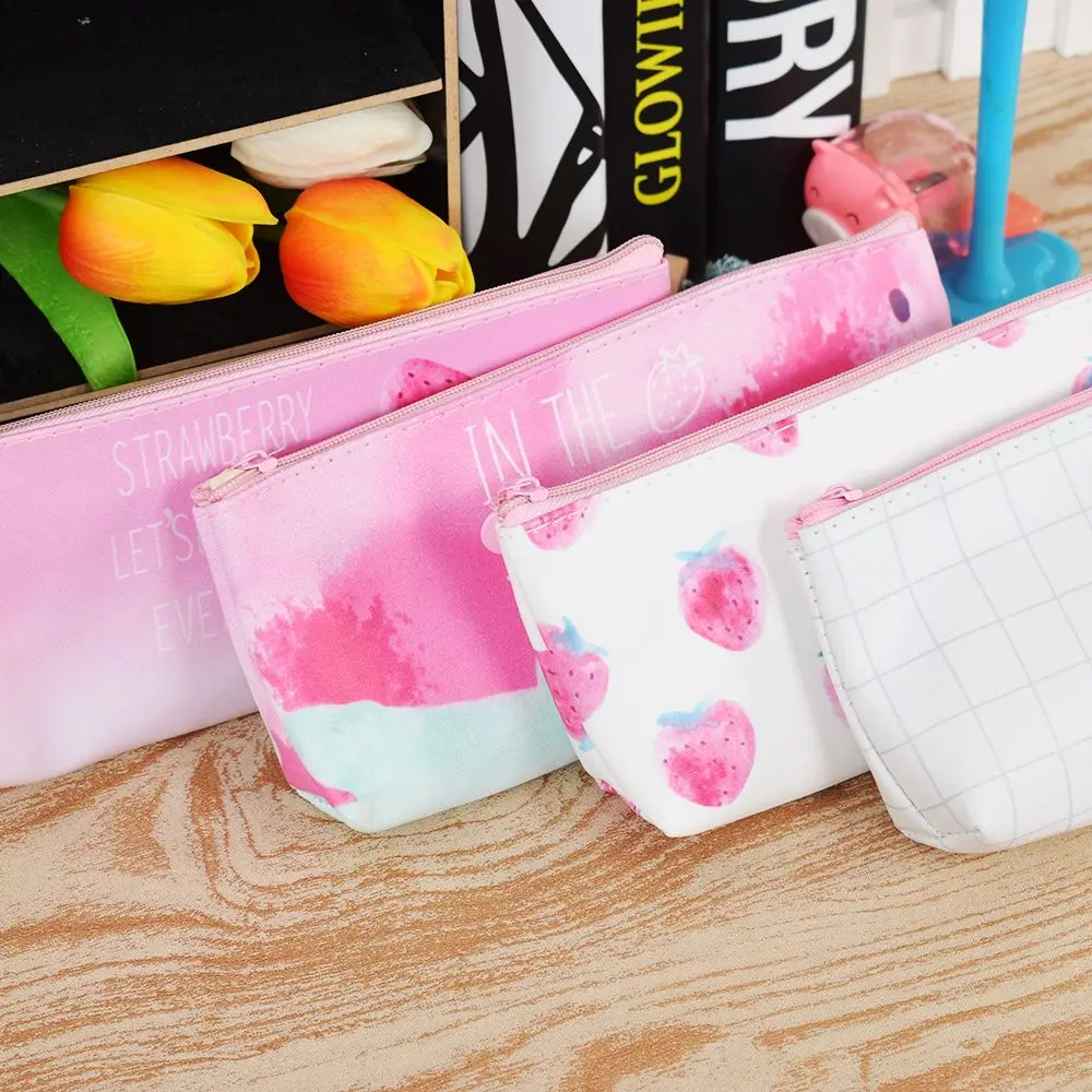 

ISKYBOB Newest Fresh Strawberry in the Summer PU Pencil Bag Stationery Storage Organizer Bag Girls Cosmetic Bag