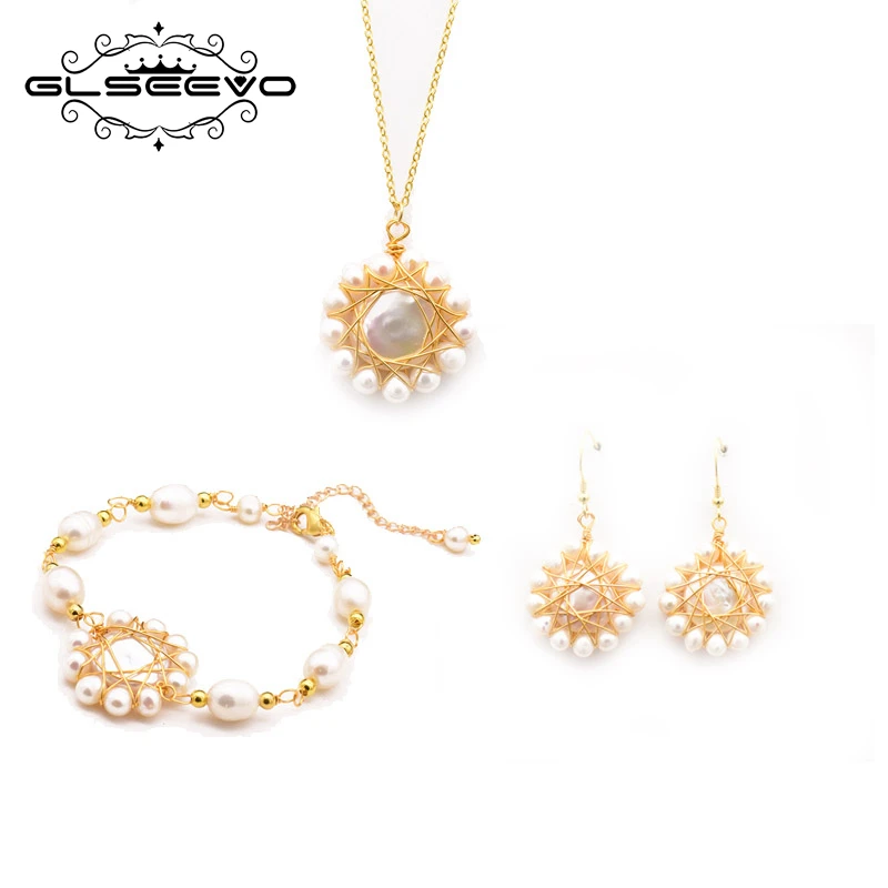 

GLSEEVO Natural Baroque Pearl Pendant Necklace Bracelets Earrings For Women Girl Wedding Engagement Fine Jewellery Sets GS0012