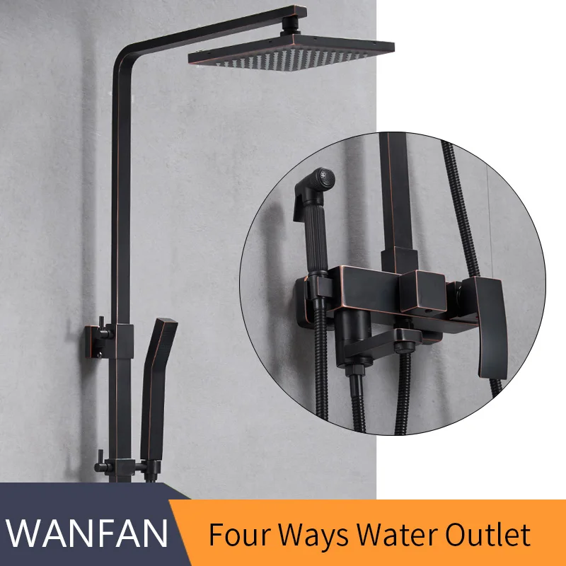 

Смесители для душа, латунный черный смеситель для ванны, квадратная трубка, одна ручка, верхний дождевой Душ с горкой, настенный смеситель д...