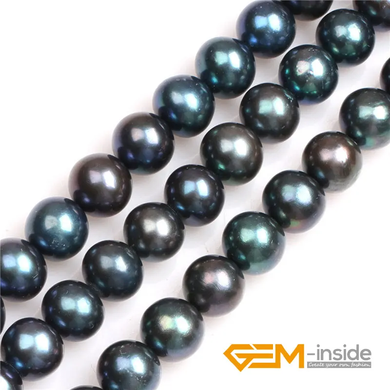 Black with Peacock Green luster Round Cultured Freshwater Pearls Beads Natural Pearls DIY Beads For Jewelry Making Strand 15