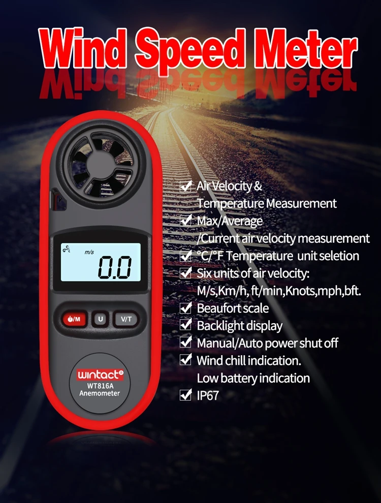 Цифровой анемометр IP67, скорость воздуха, шкала-10~ 45C C/F, измерение температуры 30 м/с, ЖК-дисплей, индикатор скорости ветра