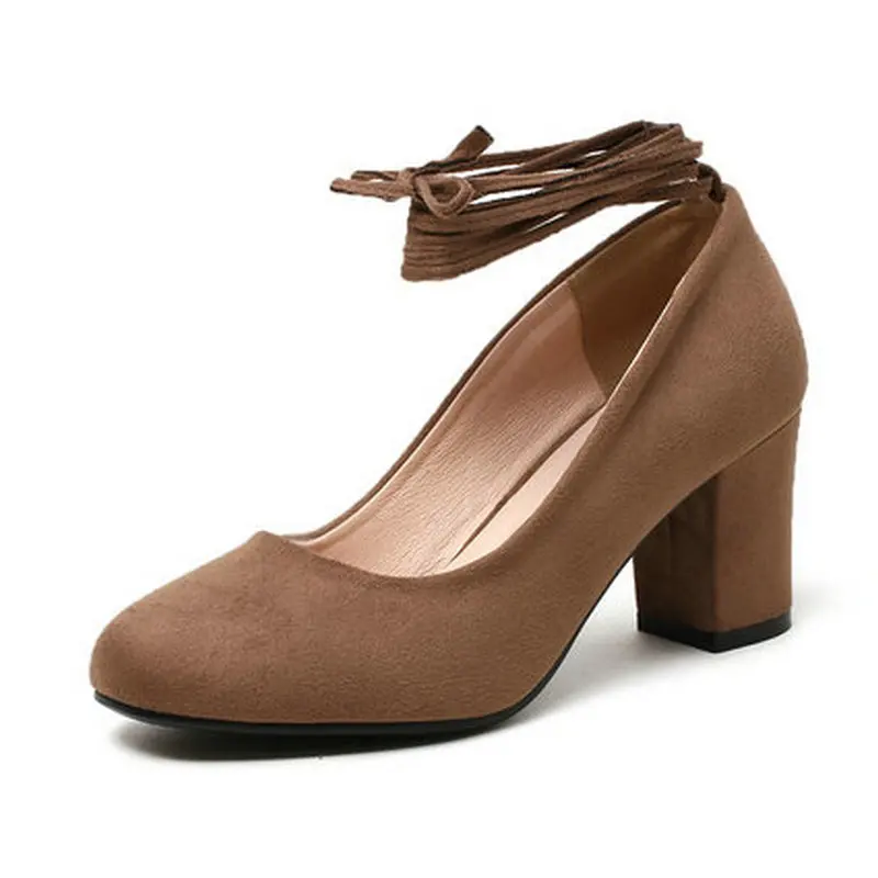 QUTAA Women Shoes Round Toe Pu Leather Square High Heel Platform Lac Up Shallow Women Pumps Ladies Pumps Size 34-43