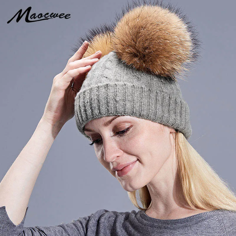 

Вязаная шапка с помпоном из натурального меха енота, унисекс