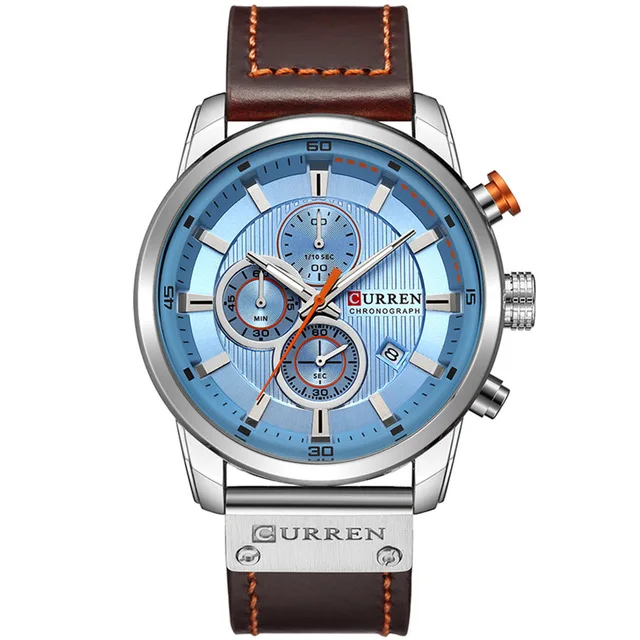 silver blue Curren Часы мужские классические военные мужские наручные часы с кожаным ремешком спортивные водонепроницаемые кварцевые часы с хронографом мужские - Цвет: silver blue