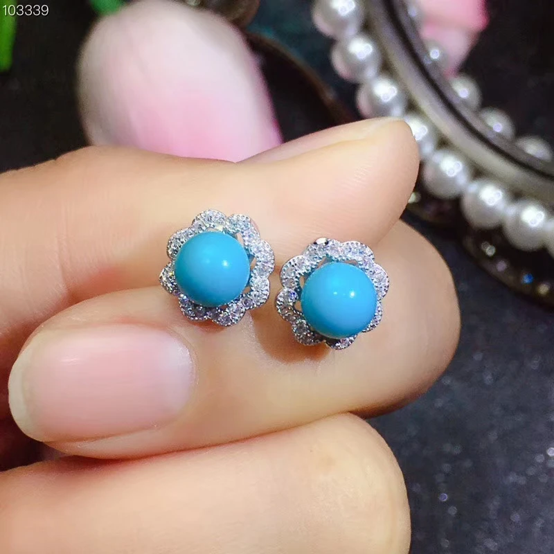 elegant blue turquoise ring and stud earrings jewelry set women ornament 925 Sterling silver fine jewelry round natural gem gift