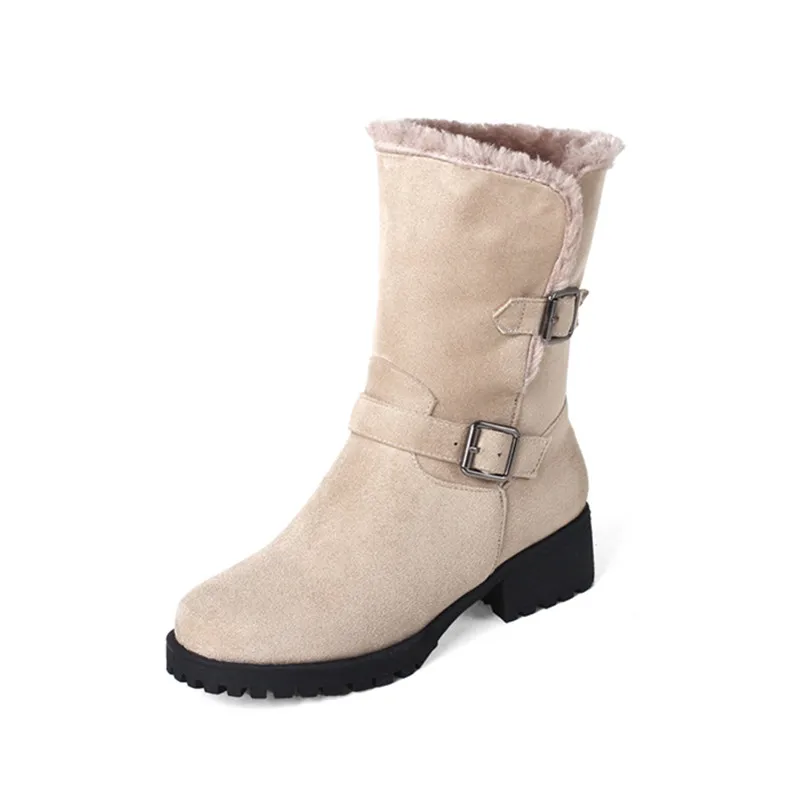 Beige Новые популярные женские сапоги, осенне-зимние модные женские сапоги из флока, теплые плюшевые замшевые сапоги до середины икры, большие размеры 32-44 - Цвет: Beige