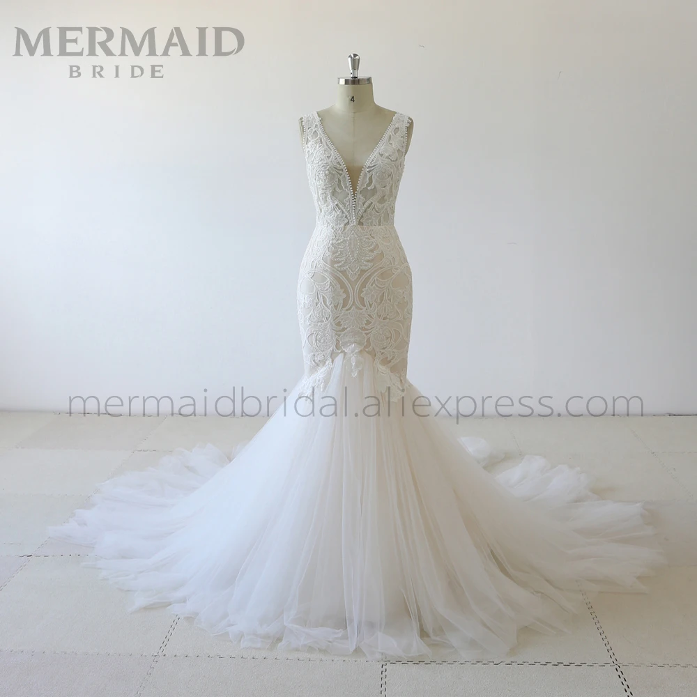 Кружевное Свадебное платье русалки с открытой спиной и бисером | Свадьбы