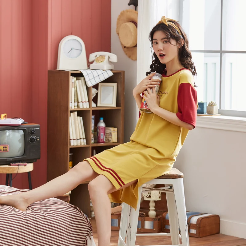 Летняя ночная рубашка из 100% хлопка женская сорочка с короткими рукавами и