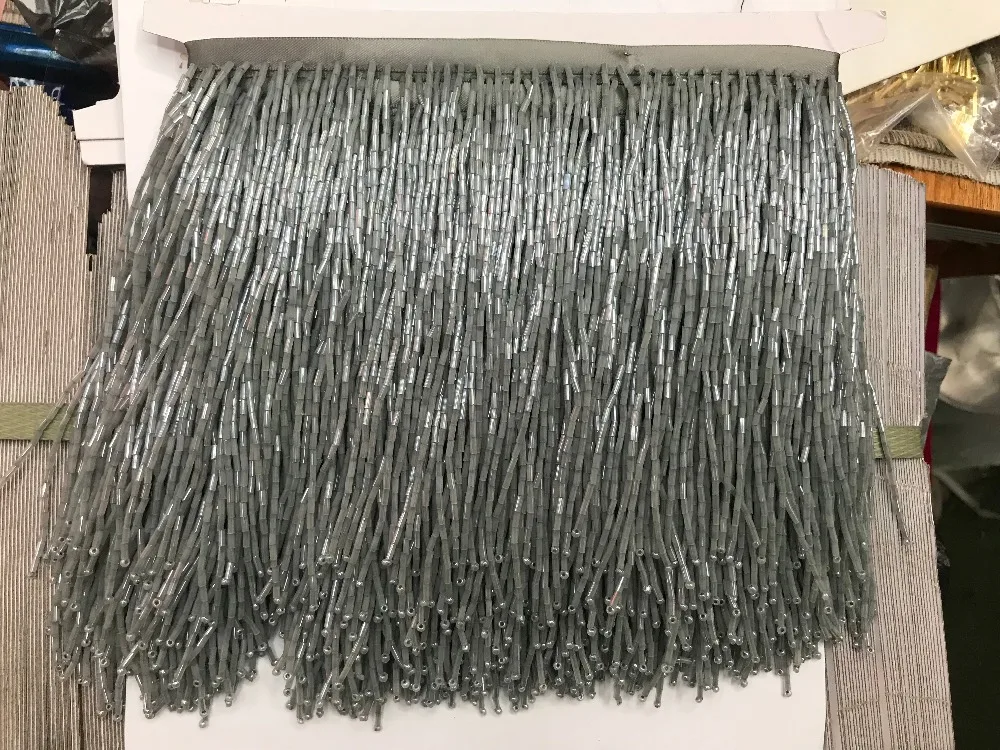 

Grey color crystal Handmade 15cm wide beaded fringe tassel trimming,5.5yard, about 270 beads threads/yard SGTM17