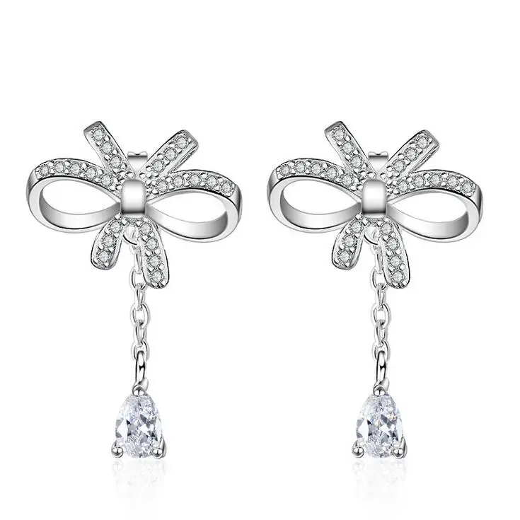 

New arrival fashion bowknot shiny zircon 925 sterling silver ladies stud earrings women birthday gift wholesale female
