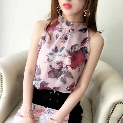 34714 flower pink Neploe шифоновая блузка без рукавов рубашка с открытыми плечами в полоску/цветы/горошек/однотонные Топы летние женские модные элегантные блузы 34714 - Цвет: 34714 flower pink