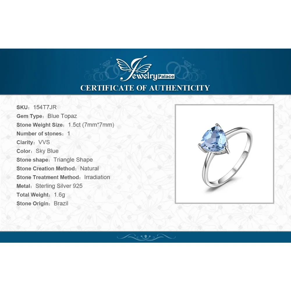 Jewelrypalace трлн 1.5ct Природный Голубой топаз камень пасьянс кольцо Pure стерлингового