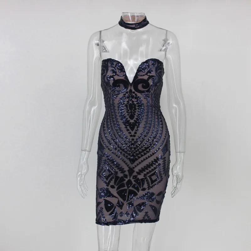 NATTEMAID Elegant Halter Sequin night Party mini Dress Sleeveless evening Club bodycon Backless Dresses Sexy Summer Vestidos - Цвет: Синий