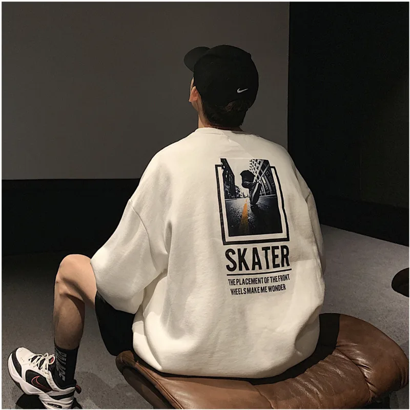 Белый Spring And Autumn New Personality Trend Print Hoodie Loose Casual Round Neck Pullover Black / White / Yellow M-XL - Цвет: Белый