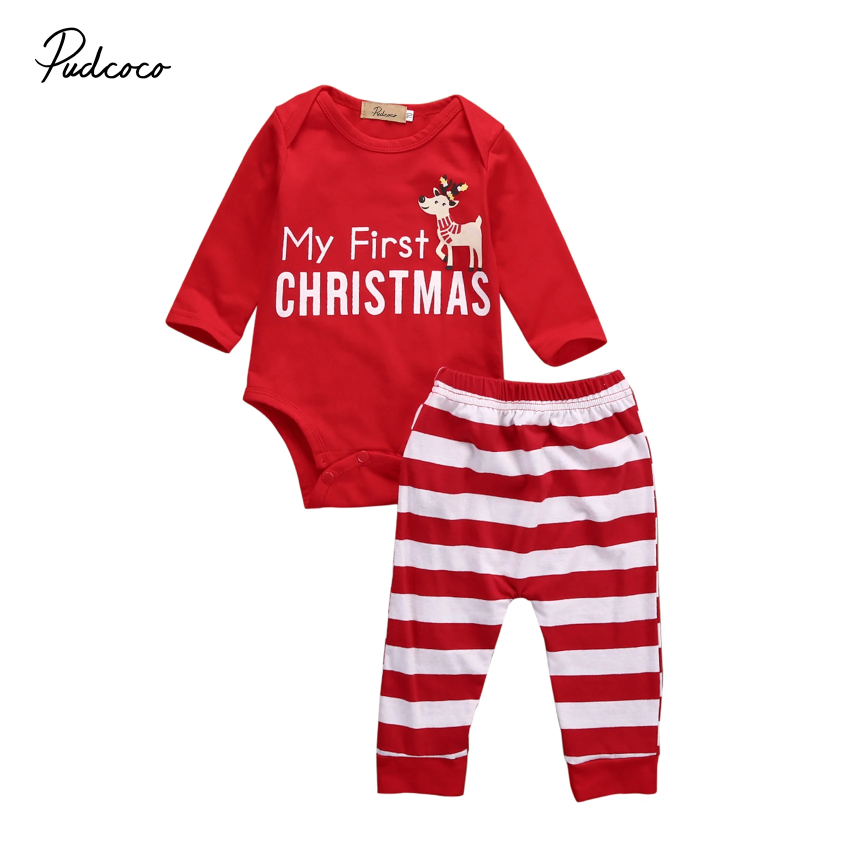Xmas Baby Pjs Set Newborn Boys Girls Christmas Rompers Jumpsuit Striped Long Pants Clothes Outfits Cotton Autumn Winter | Детская одежда