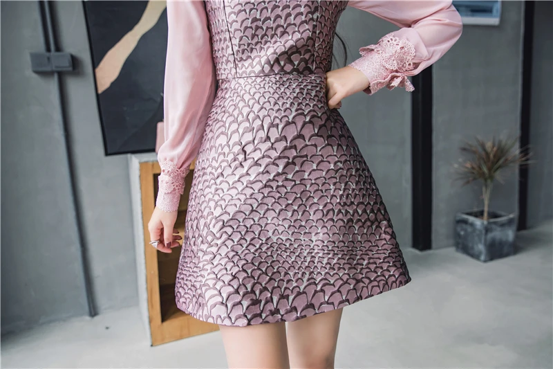 SMTHMA/жаккардовое платье; коллекция года; Vestido; весеннее кружевное винтажное модное розовое платье принцессы в стиле пэчворк с оборками и длинными рукавами