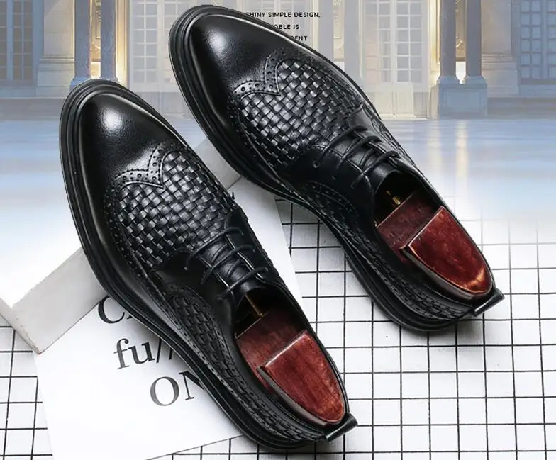 

Dress shoes men lace up genuine leather flats platform height increasing shoes pointed toes weave black carved brogue shoes