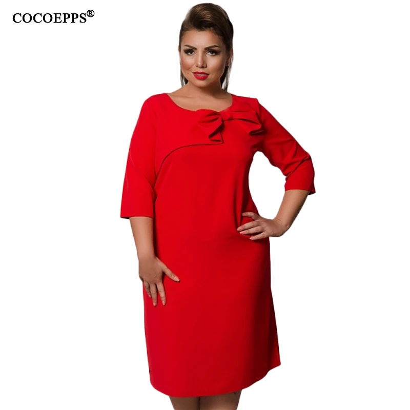 Solid Plus Size Elegant Bow Ladies Dress Fashion 2019 Autumn Winter women Dresses Big Three Quarter Knee Length Vesitides | Женская