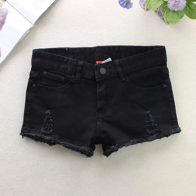 

2021 Summer Black Women's Denim Shorts Low Waist Hole Skinny Shorts Washed Hair Edge Button Zippers 100% Cotton Denim Shorts 881