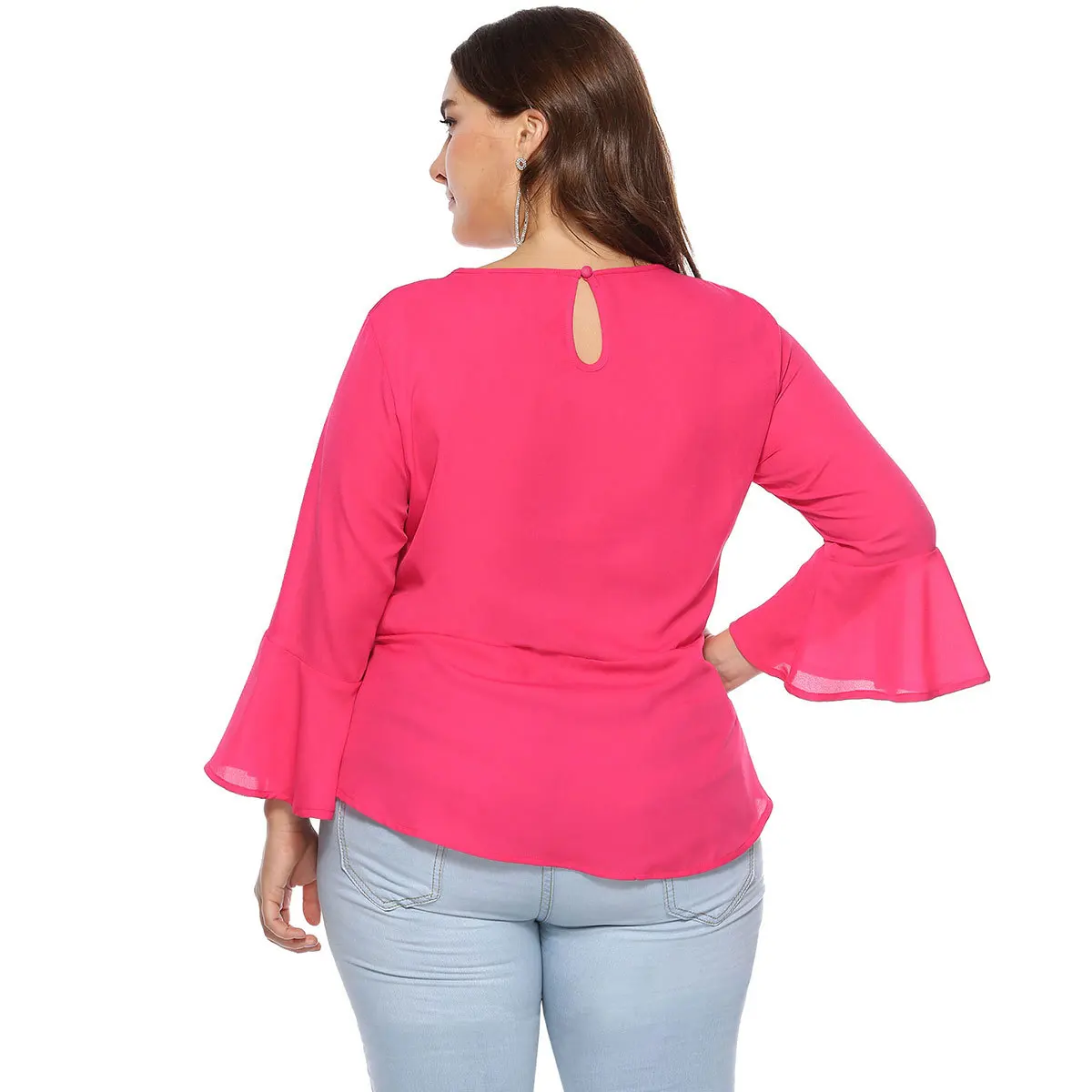 Elegant Charm Casual Natural Bright Women's Large Size Solid Color V-neck Trumpet Ruffled Bow Accessories Chiffon Shirt |