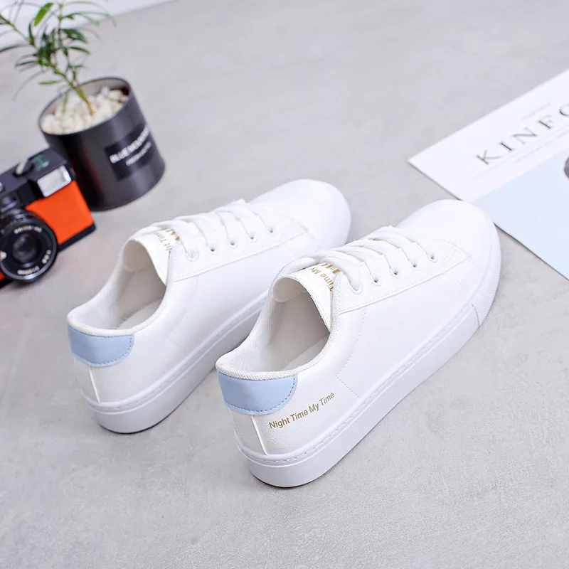 

Casual Flat White Women Student Shoes Breathable Lace Up PU Leather Solid Slip On Flats Breathable Simple Female Shoes