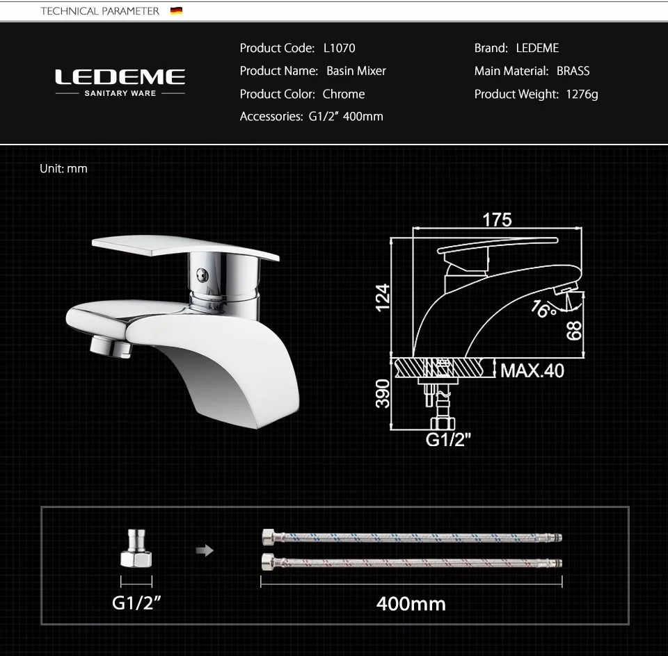 LEDEME Смеситель для умывальника латунь Цвет: хром L1070