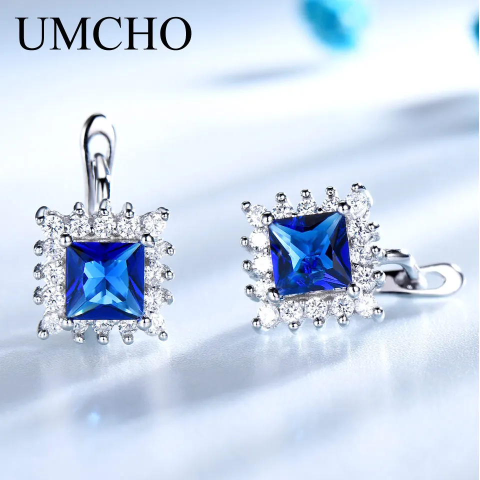 Женские серьги-клипсы UMCHO серебро 925 пробы искусственный синий сапфир свадебный
