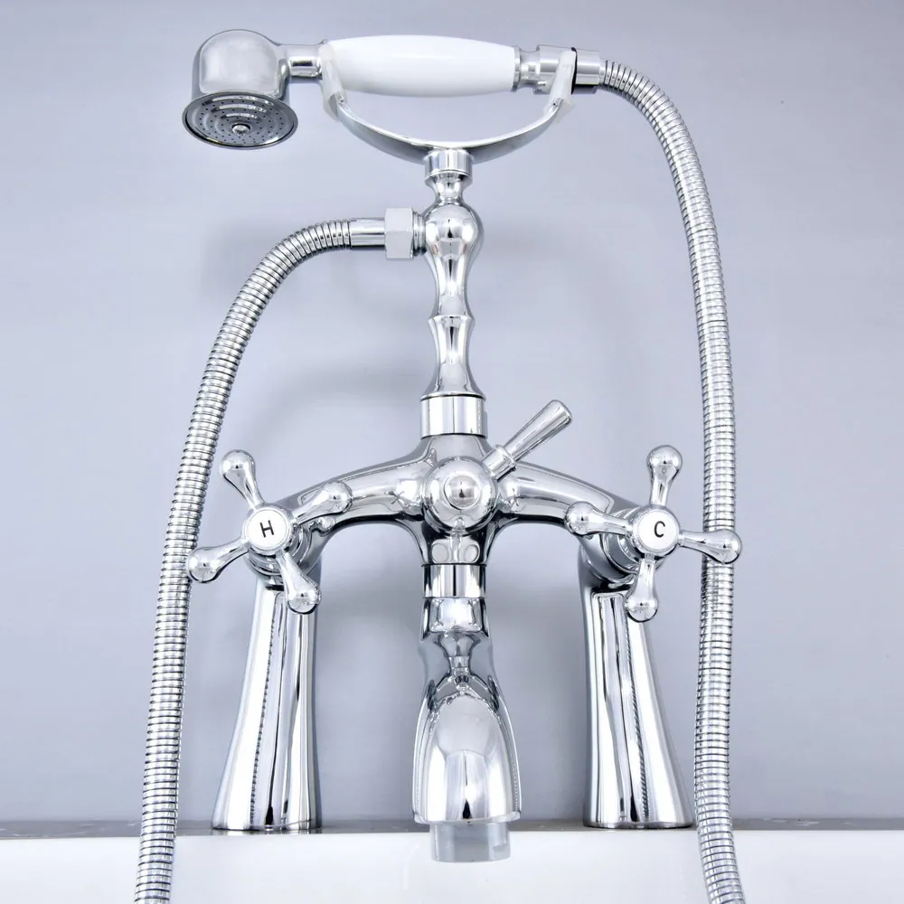 

Polished Chrome Deck Mounted Bathroom Tub Faucet Dual Handles Telephone Style Hand Shower Clawfoot Tub Filler atf755