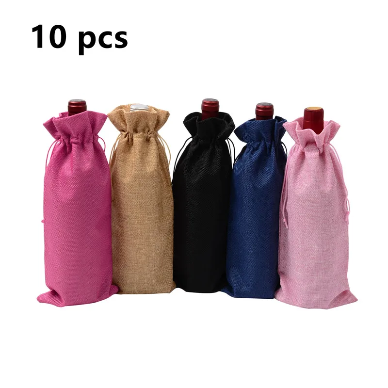 

10pcs Jute Wine Bag Wedding Party Decoration Wine Bag red wine Bottle Cover Gift Champagne Pouch Hessian burlap Packaging bag