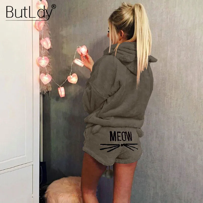 Army Gray Мультяшная толстовка с капюшоном, комплект из двух предметов, женские милые шорты с рисунком кота, зимняя одежда, плюшевый флисовый теплый костюм с мехом, одежда для сна, S-5XL - Цвет: Army Gray
