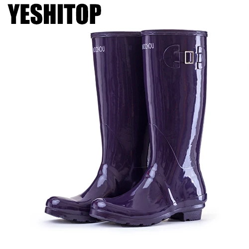 Сезон весна-осень; 4 цвета; женские и мужские резиновые сапоги до колена; женская и Женская водонепроницаемая обувь - Цвет: Purple