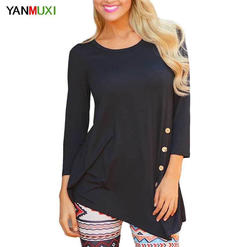 Осень-зима 2018 женские футболки повседневные три четверти кнопки белые с круглым