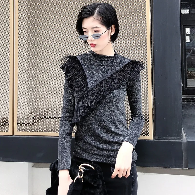 gray TWOTWINSTYLE повседневные женские футболки Водолазка с длинным рукавом Пэчворк перо оборки Топы женские Весна Корейская мода - Цвет: gray