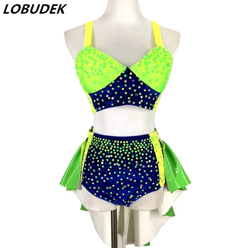 Female Sexy Green Set Bar performance Costumes DS Colorful Crystals Bikini Nightclub Pole dancing Stage Outfit Jazz Dance wear