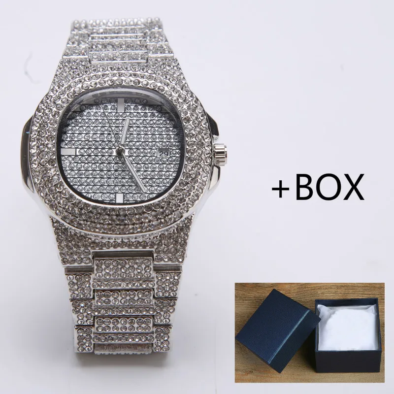silverbox Мужские часы, модные, с бриллиантами, Автоматическая Дата, кварцевые часы для мужчин, золото, нержавеющая сталь, хип-хоп, мужские часы, Топ бренд, роскошные часы - Цвет: silverbox