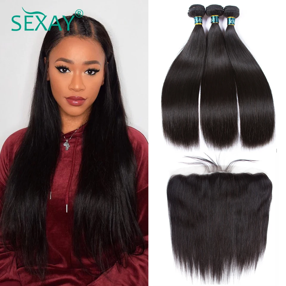 

SEXAY 13x4 Lace Frontal Closure With Bundles Brazilian Straight Human Hair Weft With Closure 3 Bundles With Frontal Pre Plucked