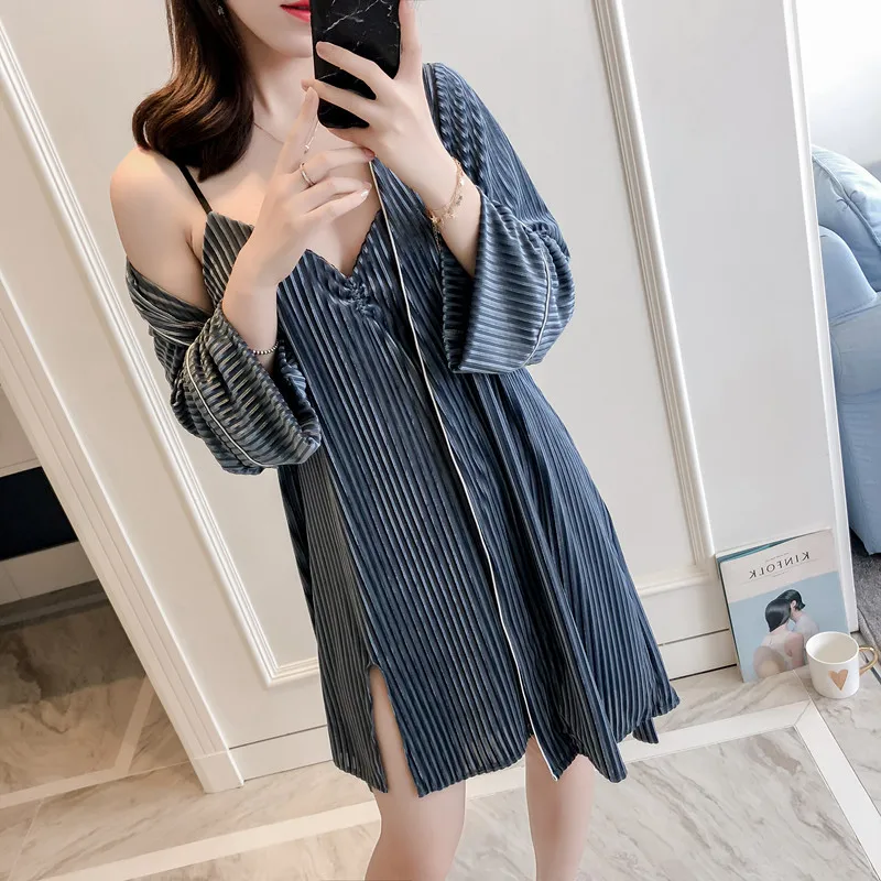 MECHCITIZ Autumn Winter Women's Velvet Robe Gown Set New Arrival Kimono Bathrobe Sexy Sleepwear Robes Lingerie | Женская одежда