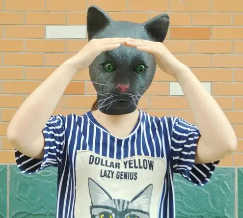 Фото Высококачественная маска для костюмированной вечеринки черного цвета Katze Meow Kopf, латексная маска для косплея на Хэллоуин, все лицо, черная голова кошки, голова кошки №4