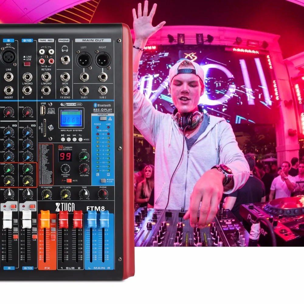 XTUGA FTM8 8-канальный сетевой видеорегистратор профессиональный звуковой микшер звука встроенный 99-bit DSP цифровой эффект с записываемый функция MP3 Распознавание отпечатков пальцев, Bluetooth, USB