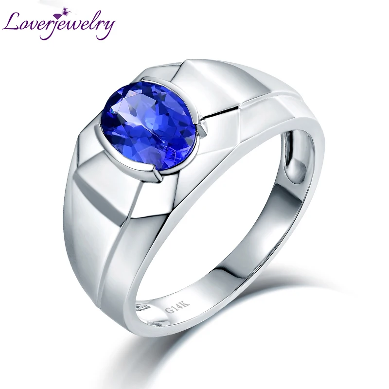 

LOVERJEWELRY Ring Man Solid 14K/AU585 White Gold Natural Tanzanite Men's Wedding Ring Oval Tanzanite Gemstome Fine Jewelry